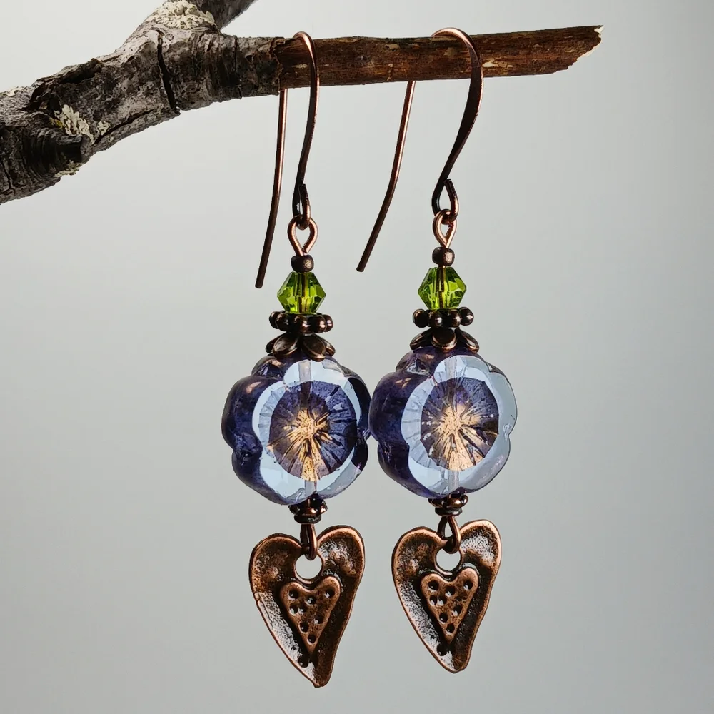 HAND CRAFTED EARRINGS Purple Czech Glass Flower Copper Heart Dangle Drop - Picture 5 of 7